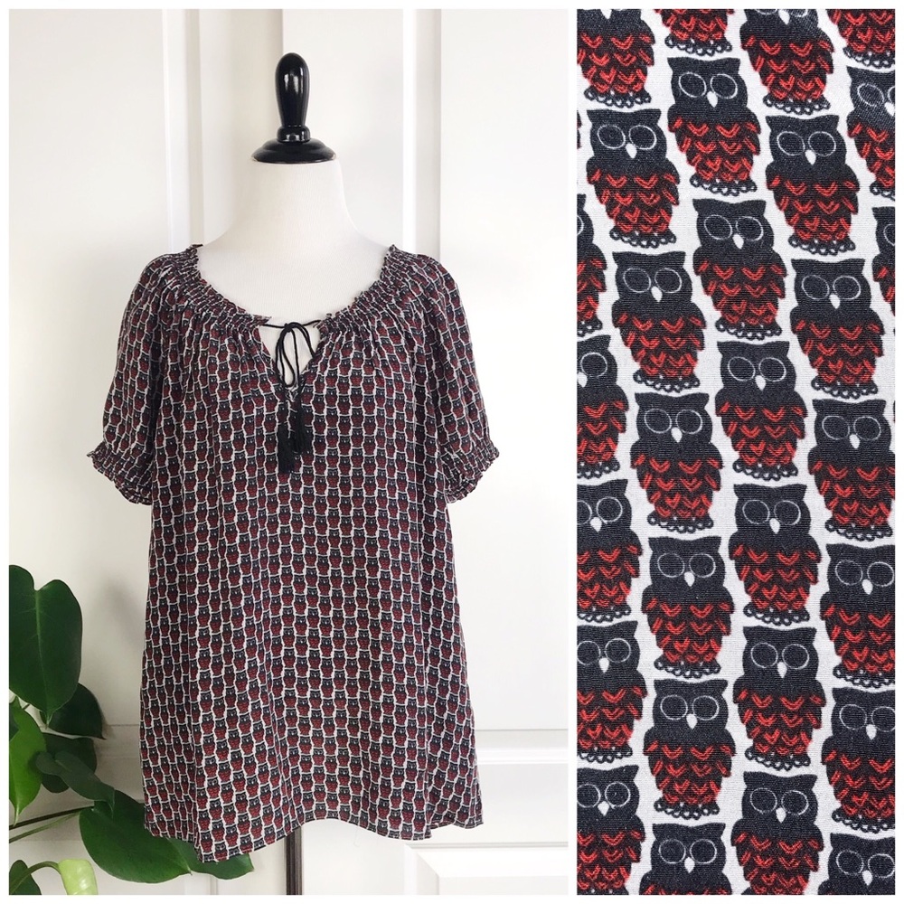 Joie Masha Smocked Owl Print Silk Top / Blouse